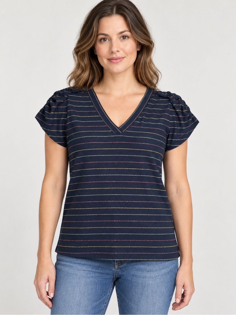 Women's Navy glitter stripes V-Neck Short Sleeve Top